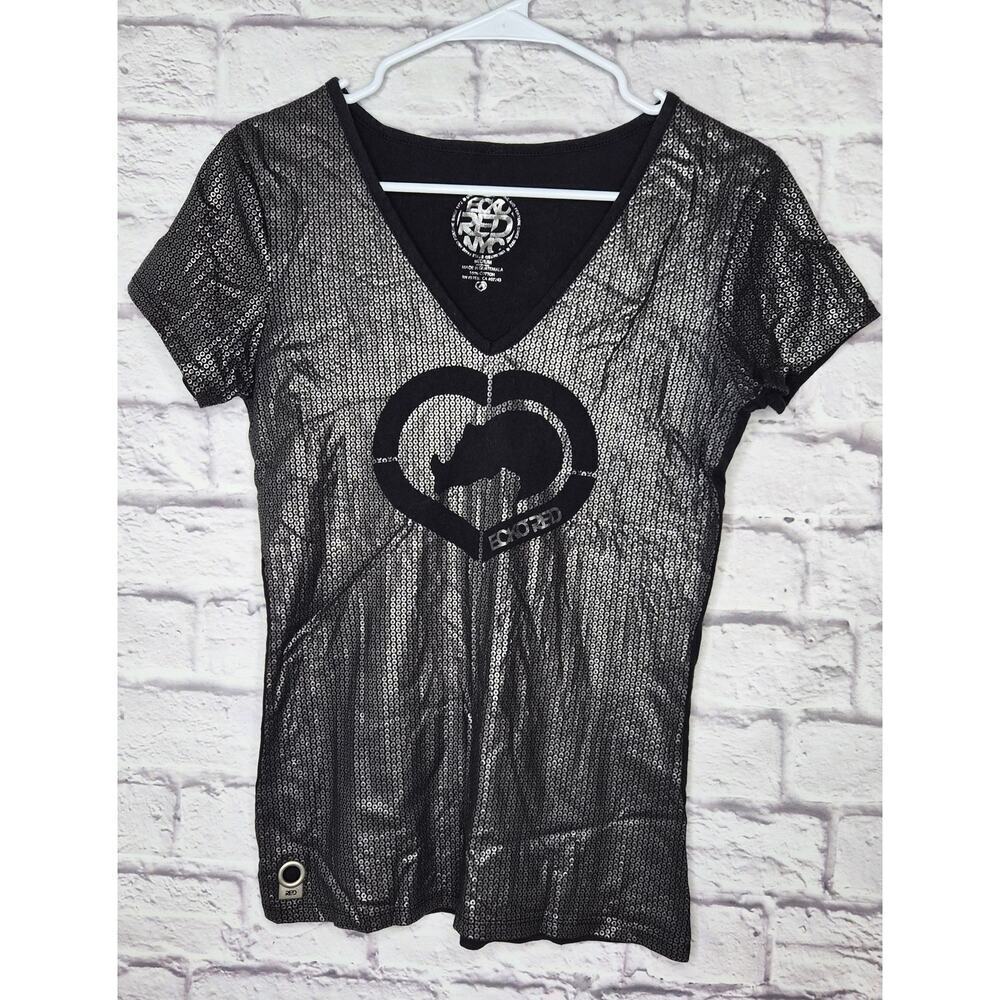 VTG Y2K Ecko Red NYC Sequin Shirt Women Medium Black Silver Rhino Heart Gorpcore